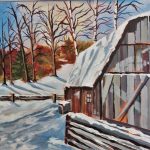 Photo shows acrylic painting of colourful barn with snowy hill and forest background